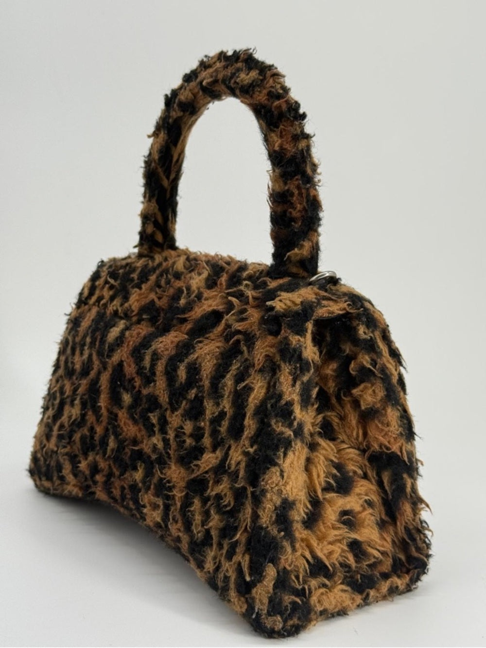 Balenciaga Hourglass Faux Fur Leopard-Print Top Handle Bag