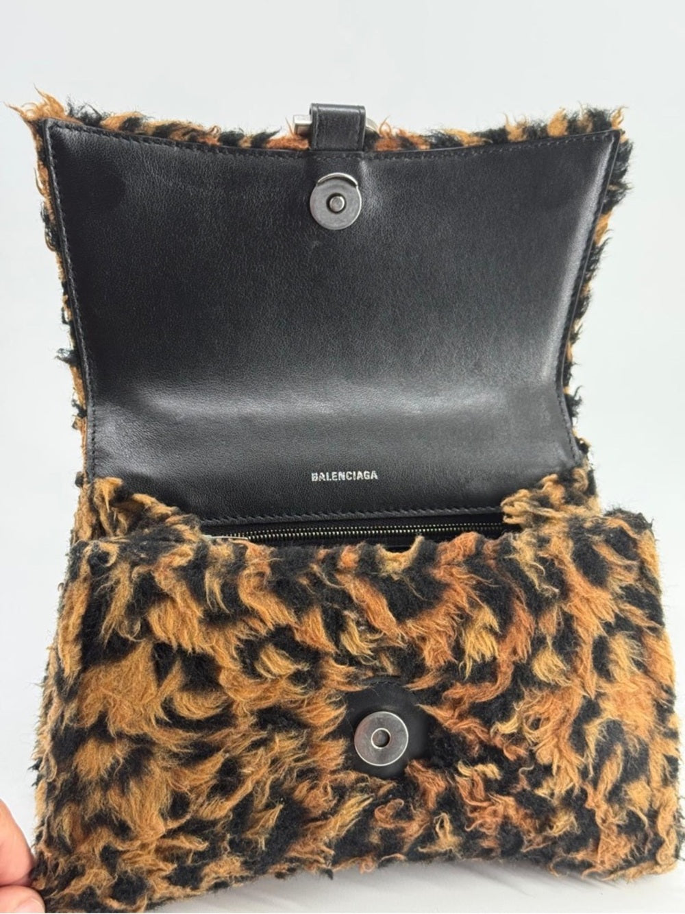 Balenciaga Hourglass Faux Fur Leopard-Print Top Handle Bag