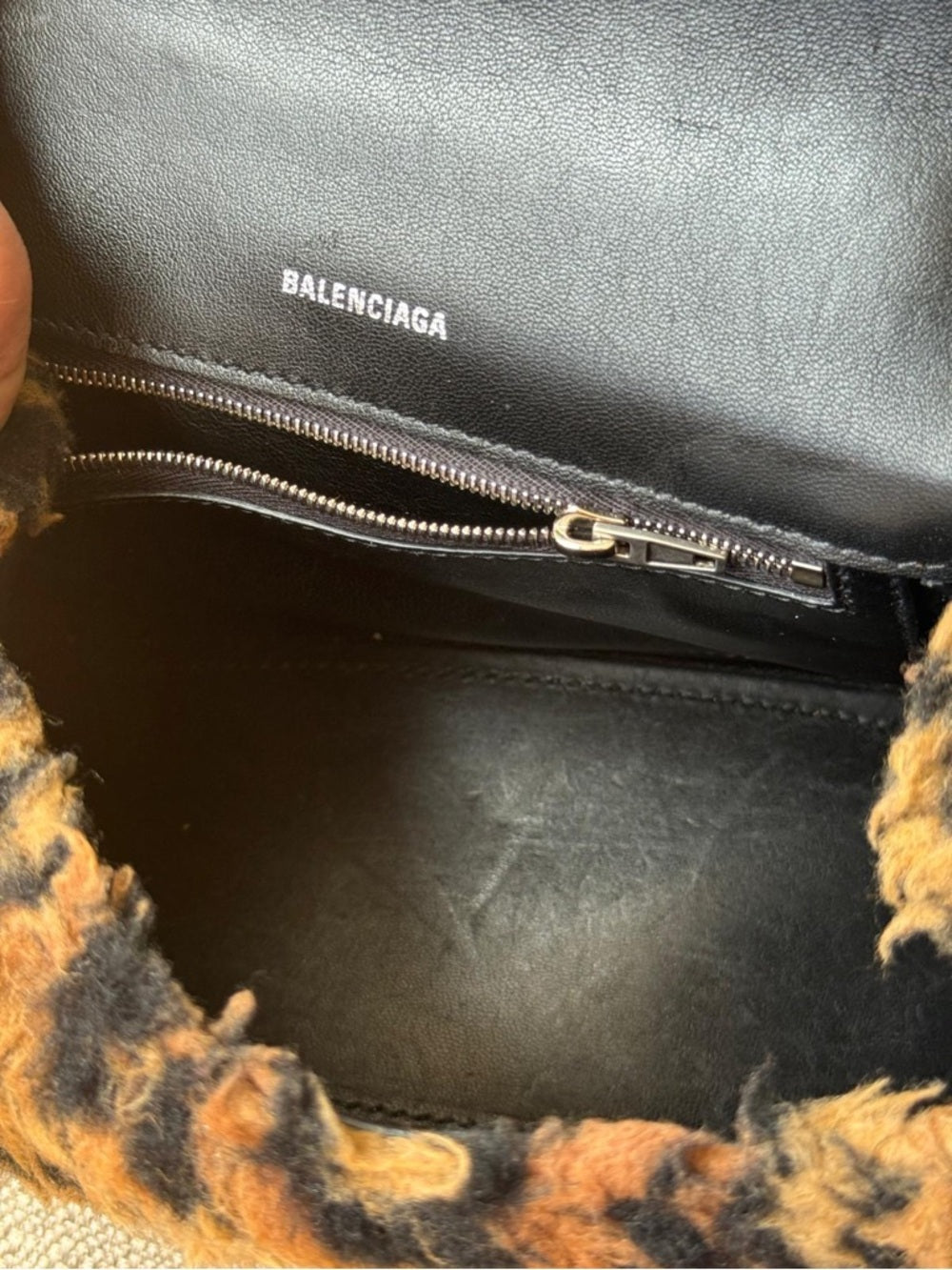 Balenciaga Hourglass Faux Fur Leopard-Print Top Handle Bag