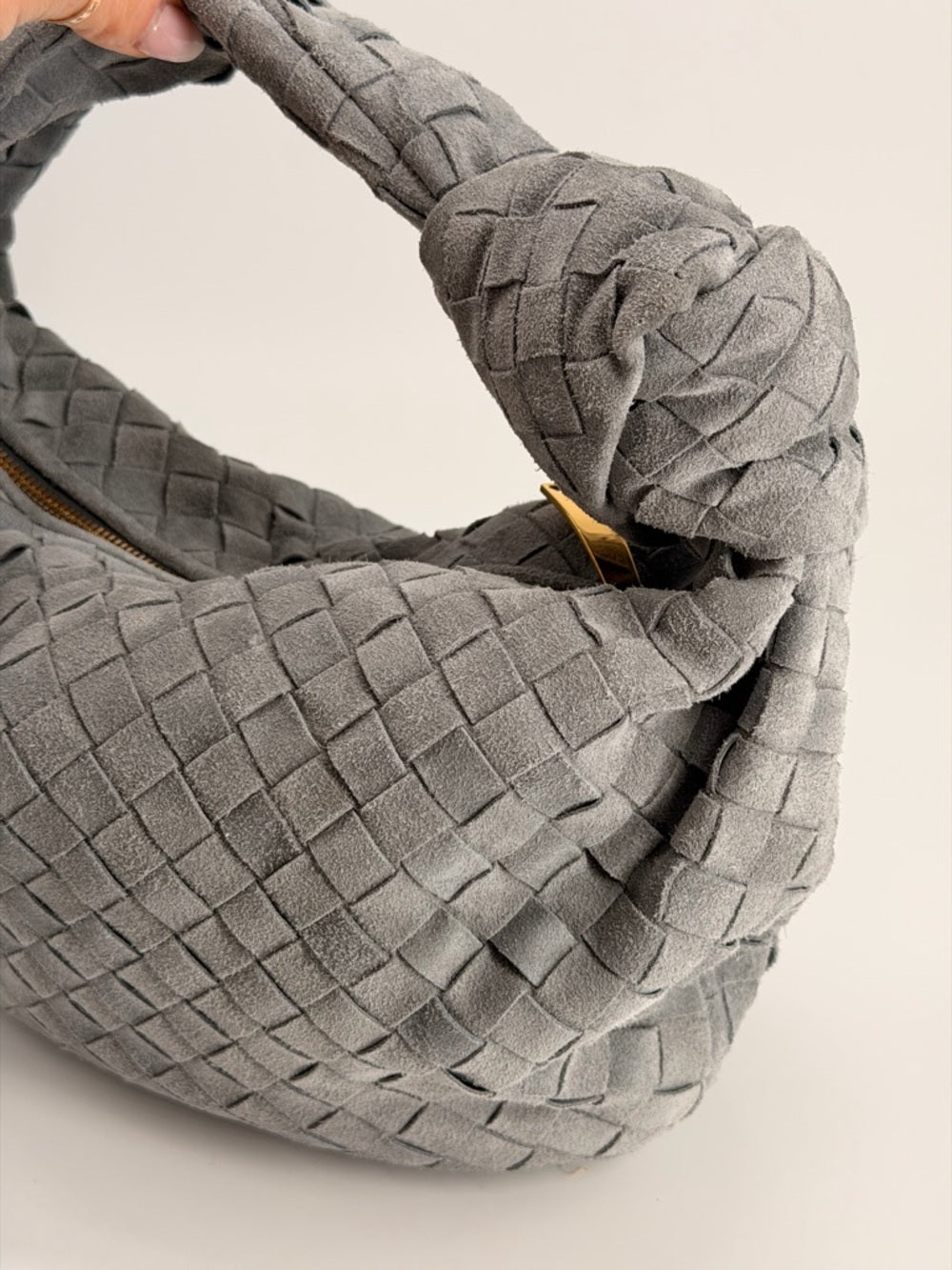 Bottega Veneta Intrecciato Suede Teen Jodie Hobo Bag Gray
