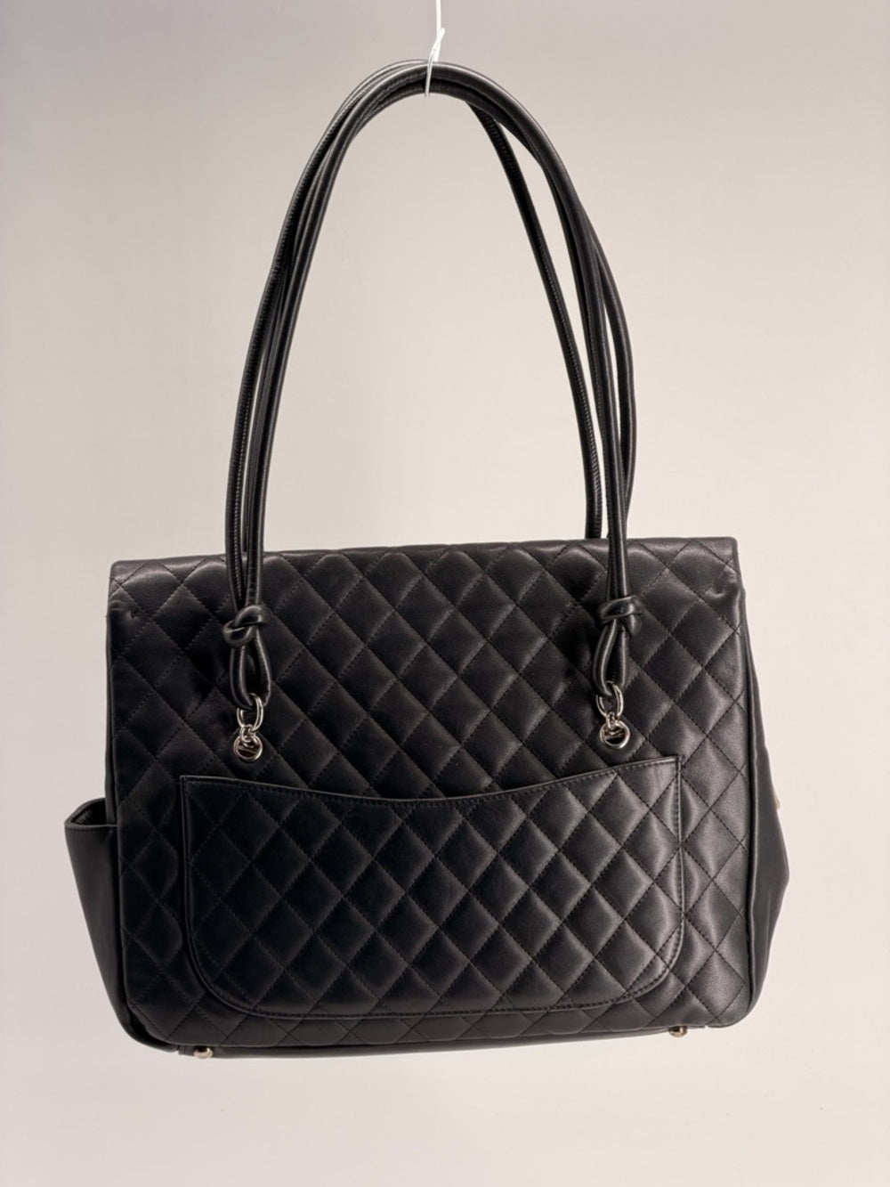 CHANEL Cambon Lambskin Flap Large Black Bag white cc logo