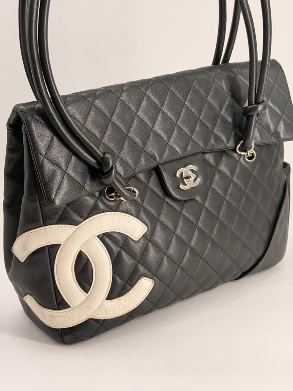 CHANEL Cambon Lambskin Flap Large Black Bag white cc logo