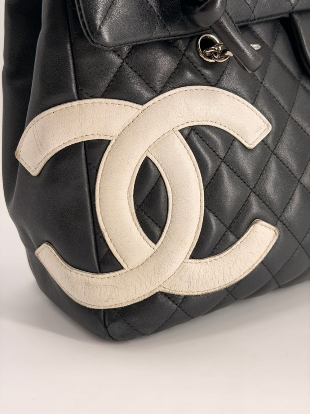 CHANEL Cambon Lambskin Flap Large Black Bag white cc logo