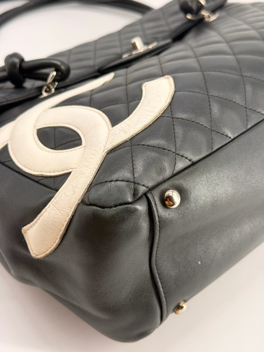 CHANEL Cambon Lambskin Flap Large Black Bag white cc logo