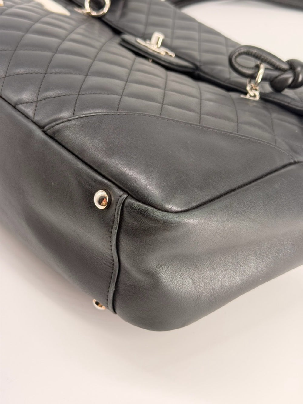 CHANEL Cambon Lambskin Flap Large Black Bag white cc logo