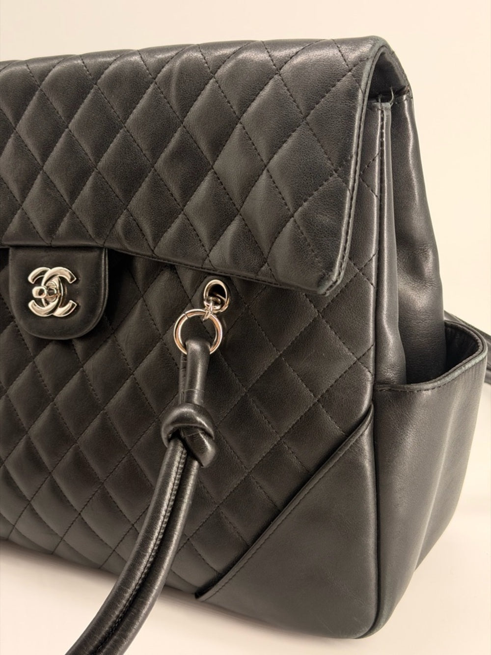 CHANEL Cambon Lambskin Flap Large Black Bag white cc logo
