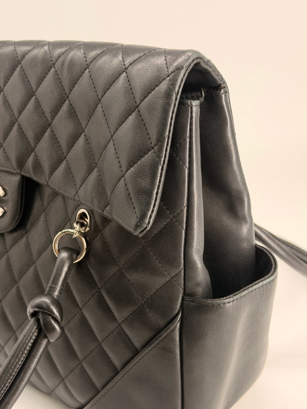 CHANEL Cambon Lambskin Flap Large Black Bag white cc logo