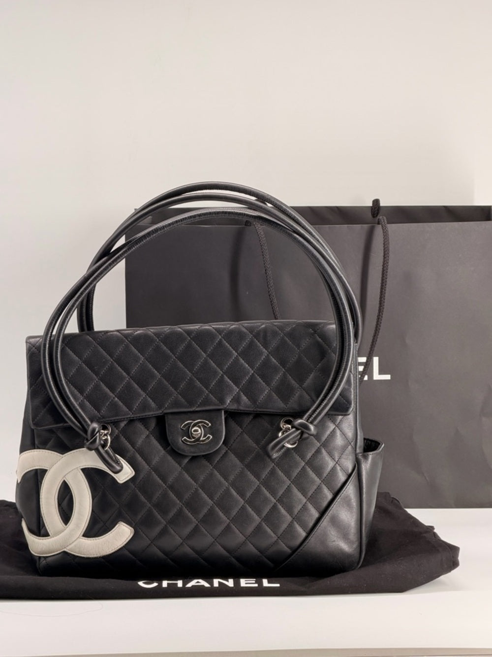 CHANEL Cambon Lambskin Flap Large Black Bag white cc logo