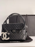 CHANEL Cambon Lambskin Flap Large Black Bag white cc logo