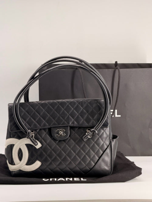 CHANEL Cambon Lambskin Flap Large Black Bag white cc logo