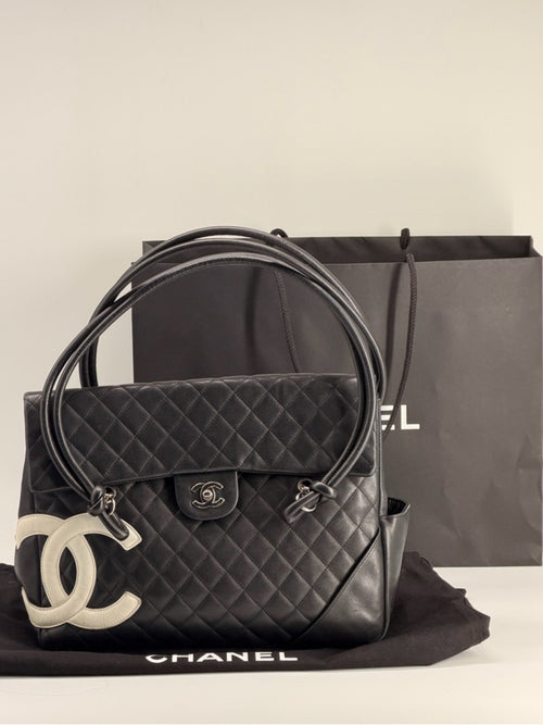 CHANEL Cambon Lambskin Flap Large Black Bag white cc logo