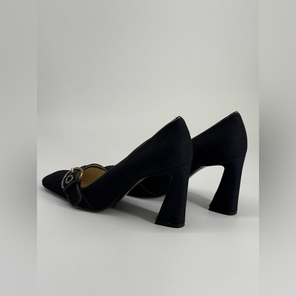 Prada Calzature Donna Linen and Leather Buckle Heels Size EU 37 1/2