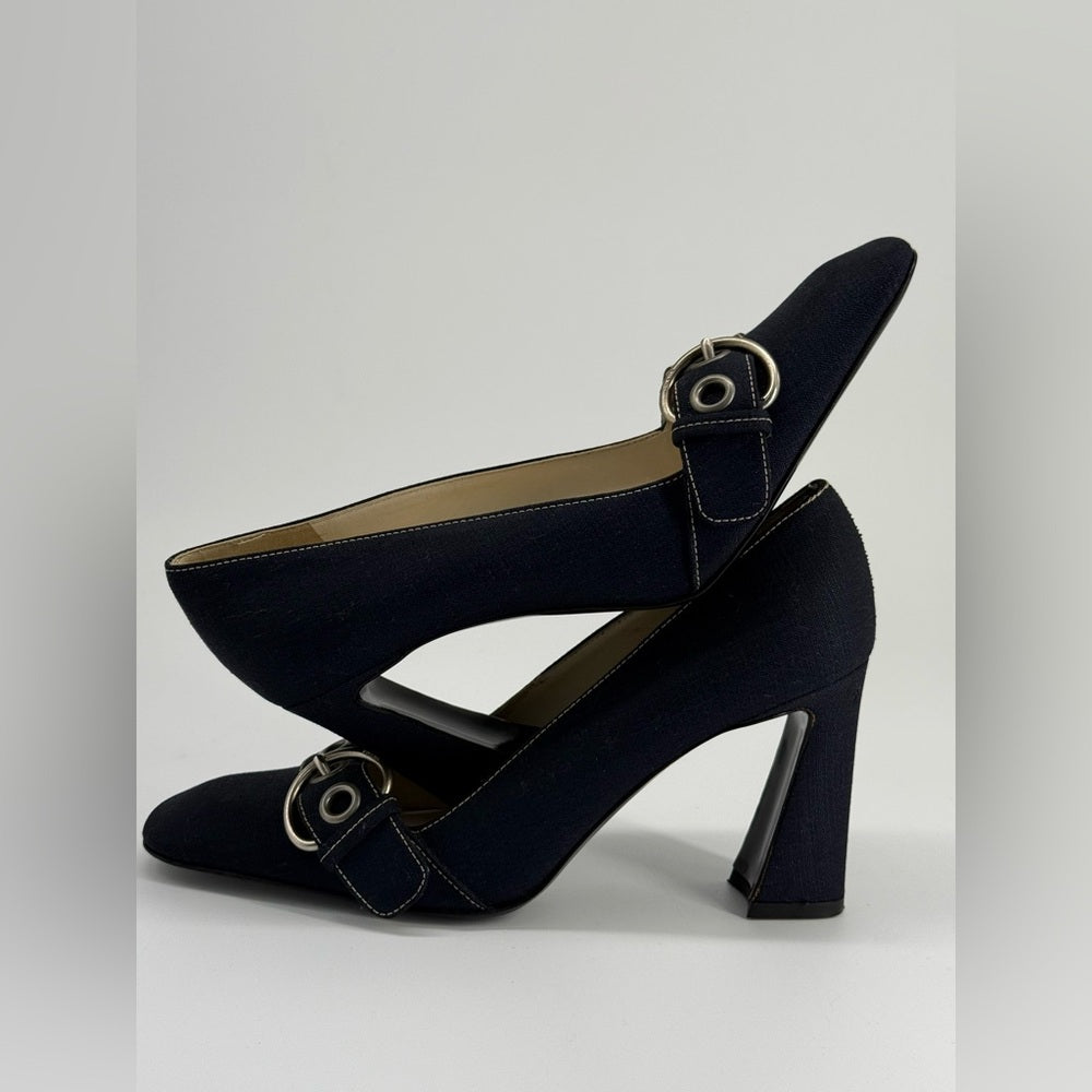Prada Calzature Donna Linen and Leather Buckle Heels Size EU 37 1/2