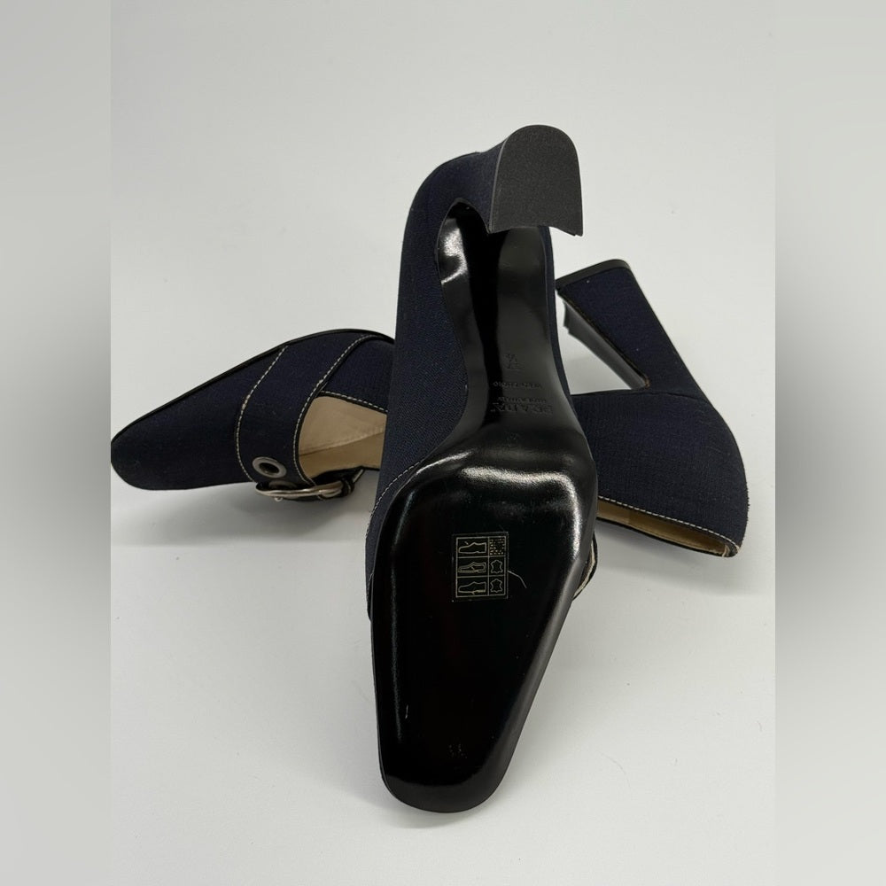 Prada Calzature Donna Linen and Leather Buckle Heels Size EU 37 1/2