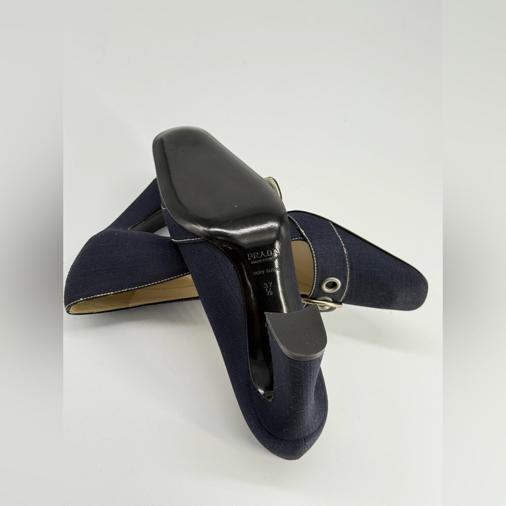 Prada Calzature Donna Linen and Leather Buckle Heels Size EU 37 1/2