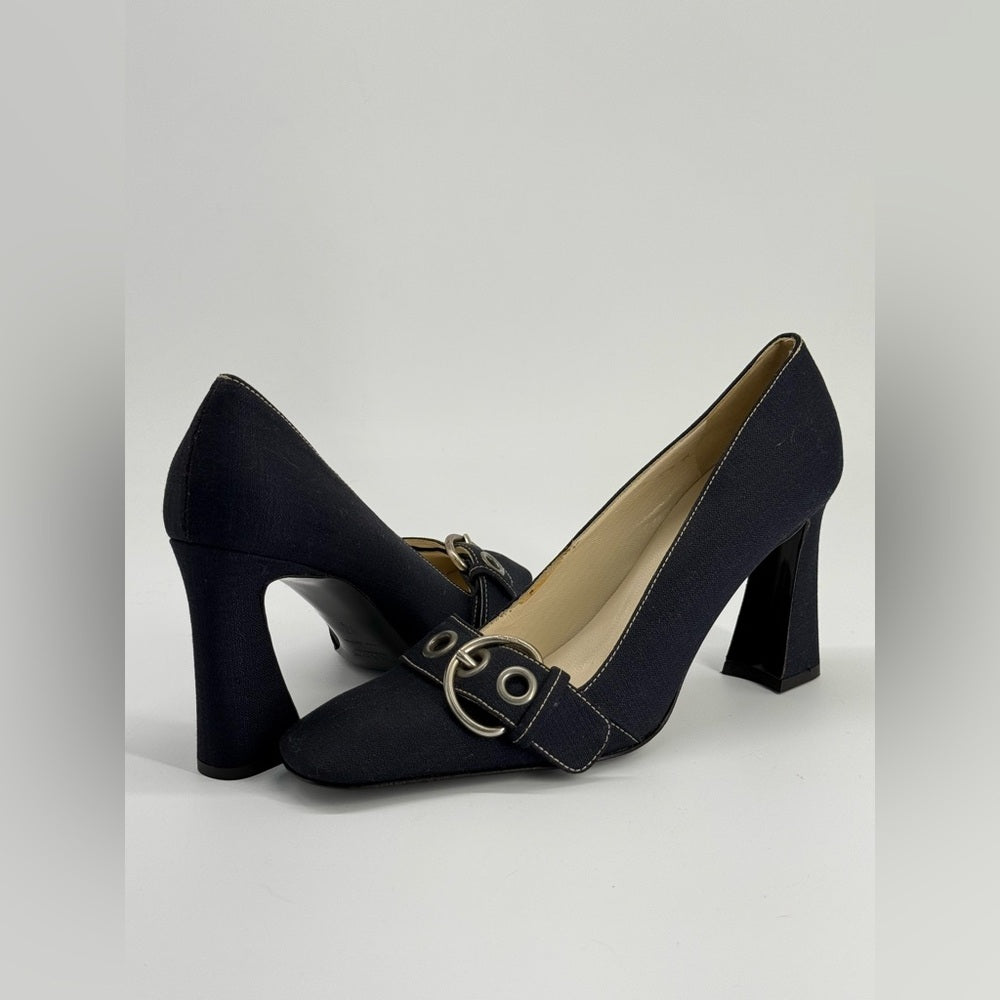 Prada Calzature Donna Linen and Leather Buckle Heels Size EU 37 1/2