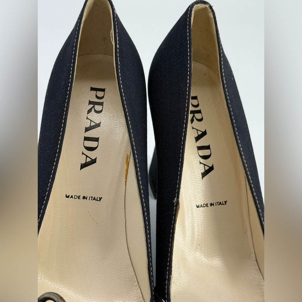 Prada Calzature Donna Linen and Leather Buckle Heels Size EU 37 1/2