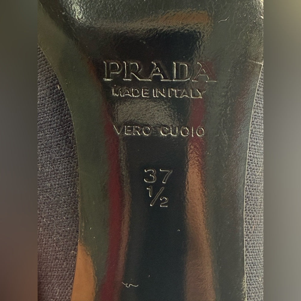 Prada Calzature Donna Linen and Leather Buckle Heels Size EU 37 1/2