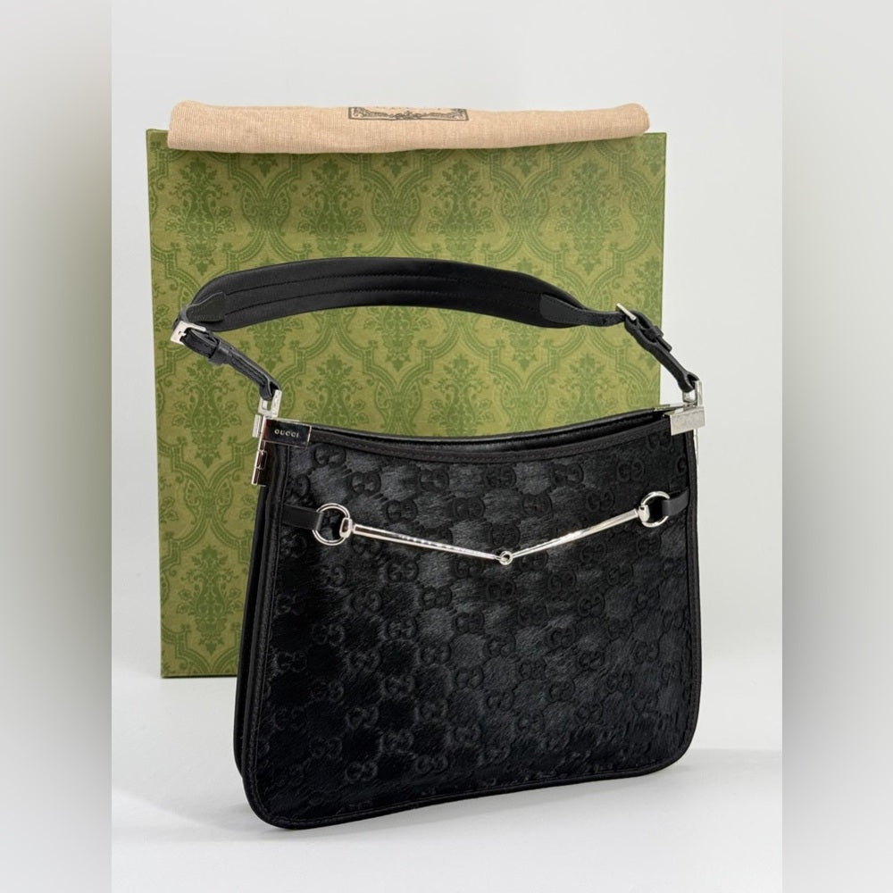 Gucci Calf Hair Horsebit Slim Small Shoulder Bag Black