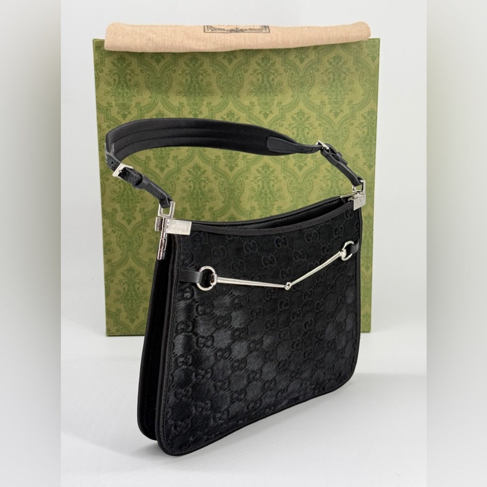 Gucci Calf Hair Horsebit Slim Small Shoulder Bag Black
