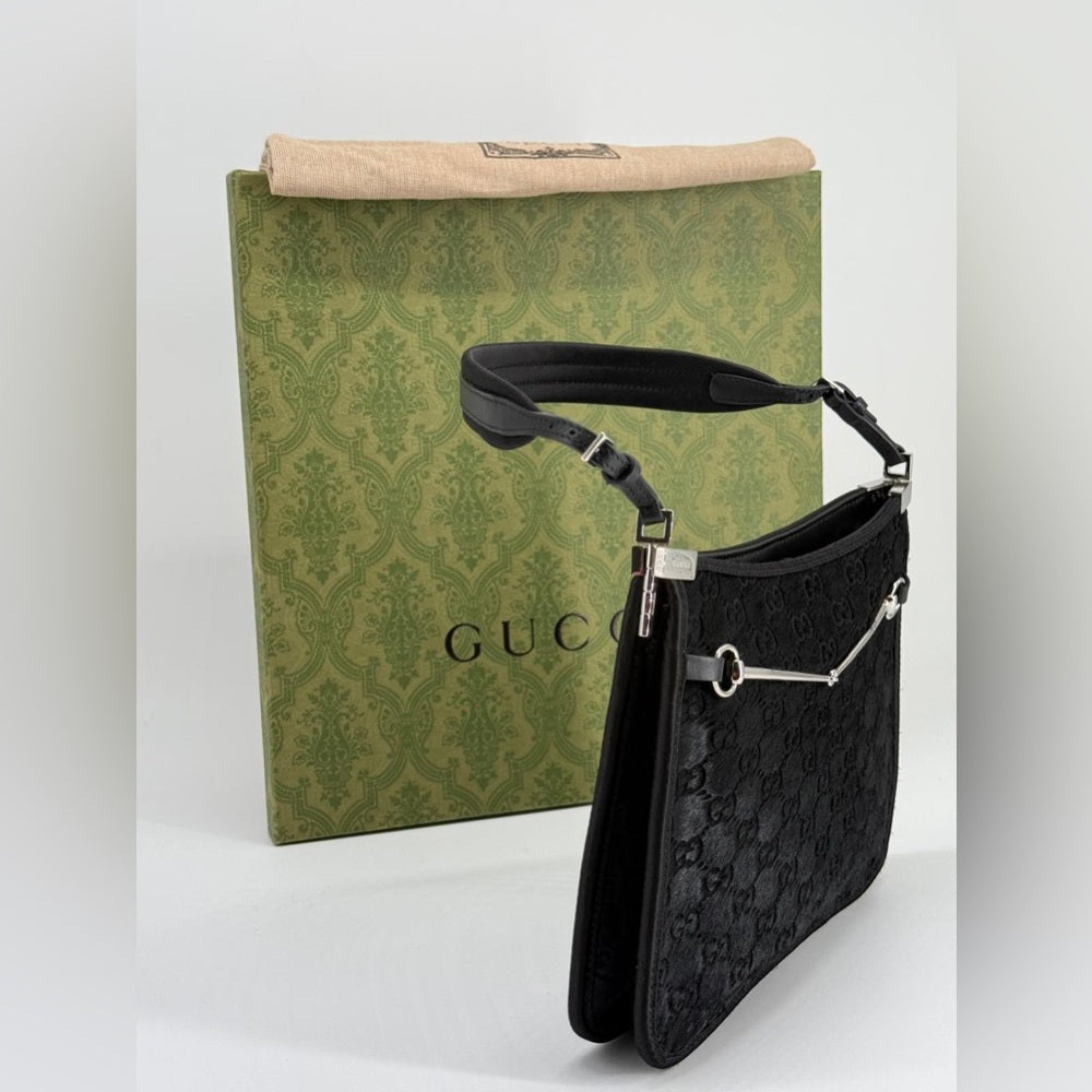 Gucci Calf Hair Horsebit Slim Small Shoulder Bag Black