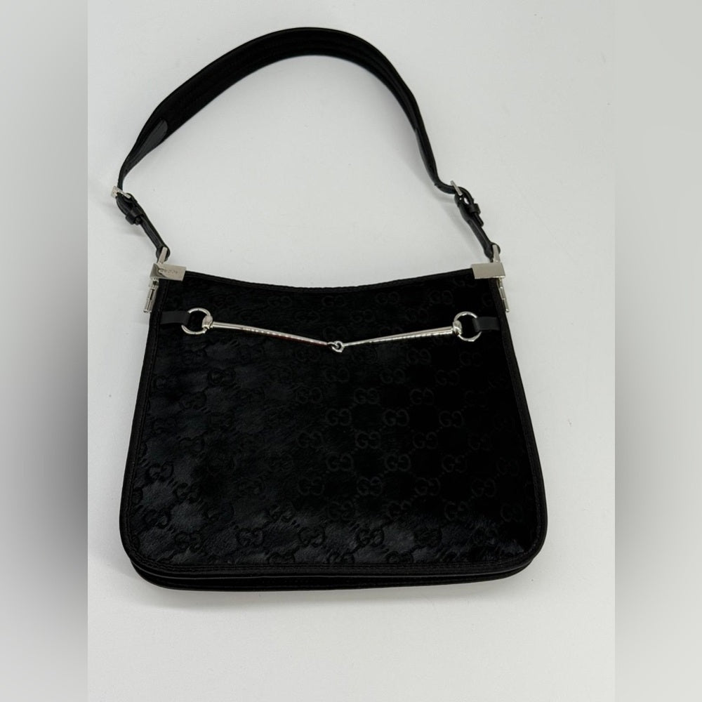 Gucci Calf Hair Horsebit Slim Small Shoulder Bag Black