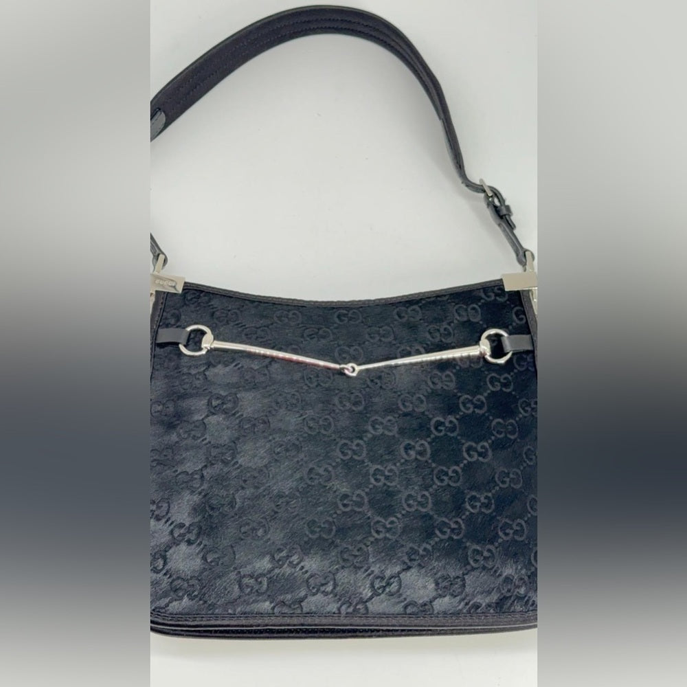 Gucci Calf Hair Horsebit Slim Small Shoulder Bag Black