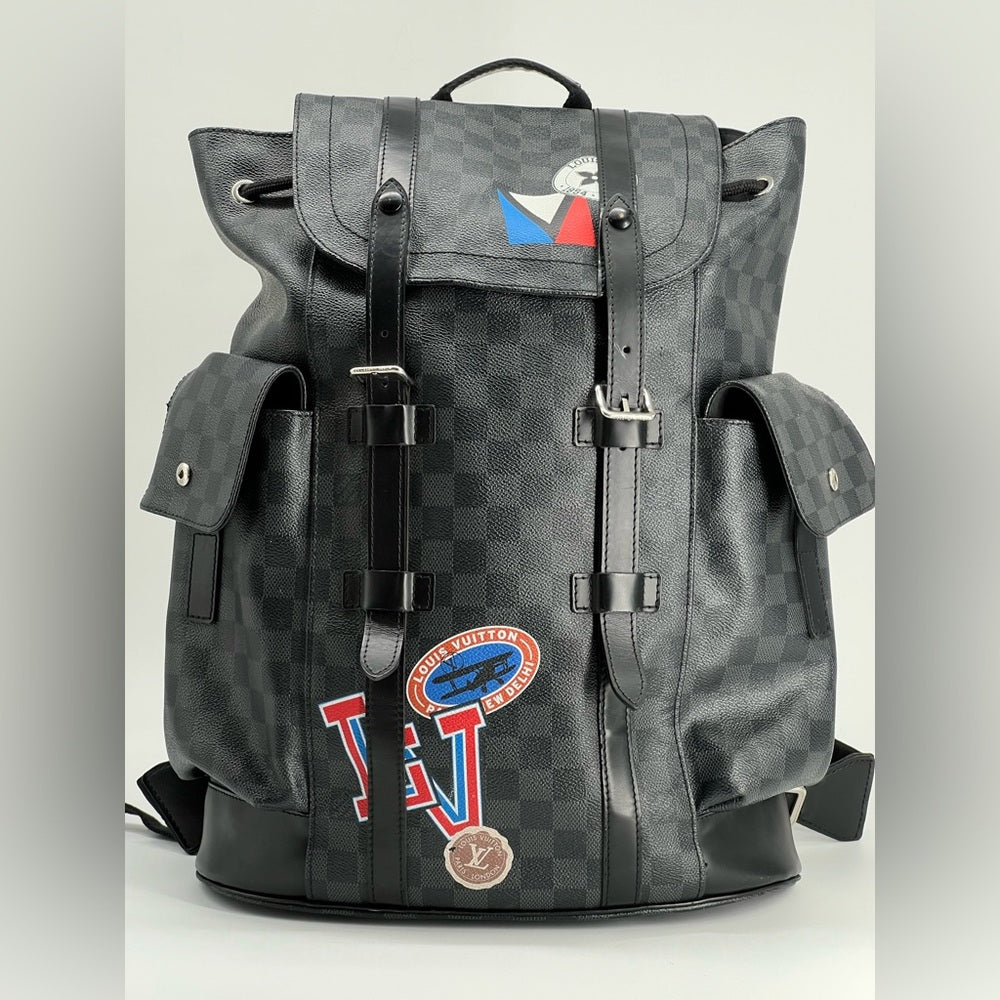 Louis Vuitton Christopher Damier Graphite Monogram Canvas Black Leather Backpack