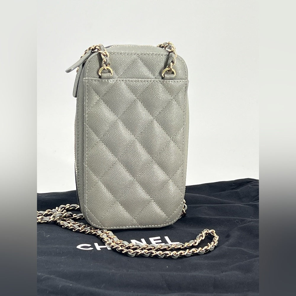 CHANEL Phone Holder Quilted Gray Leather Crossbody Chain Bag