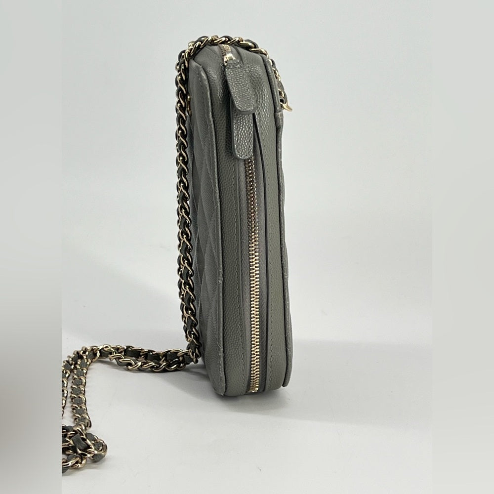 CHANEL Phone Holder Quilted Gray Leather Crossbody Chain Bag