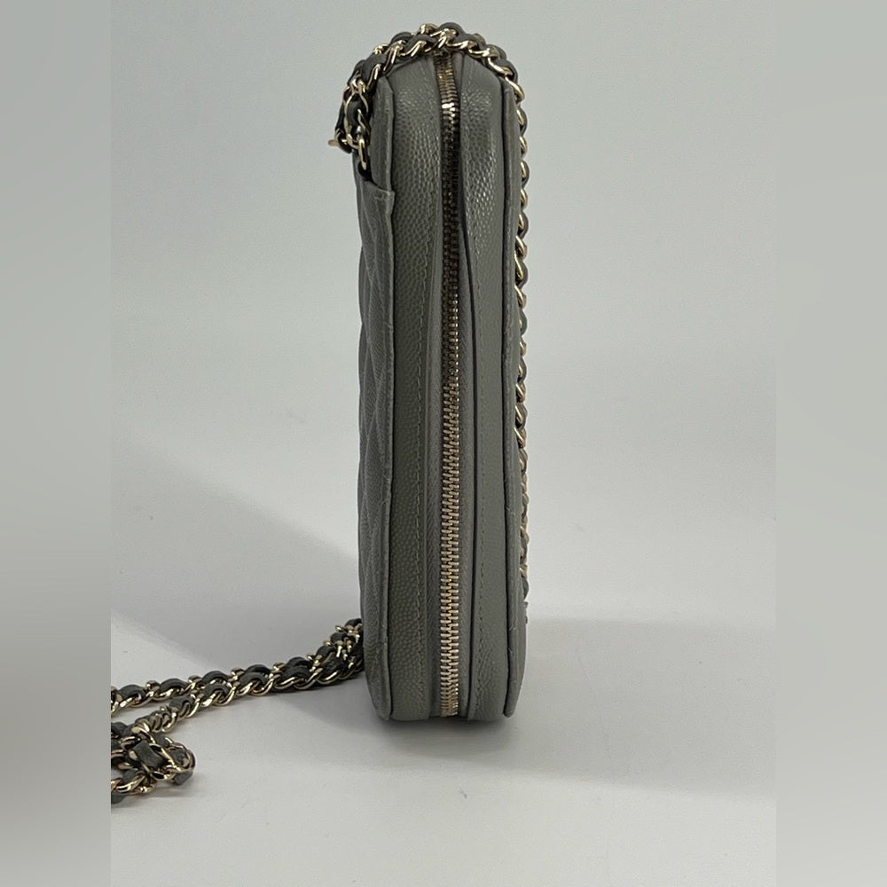 CHANEL Phone Holder Quilted Gray Leather Crossbody Chain Bag