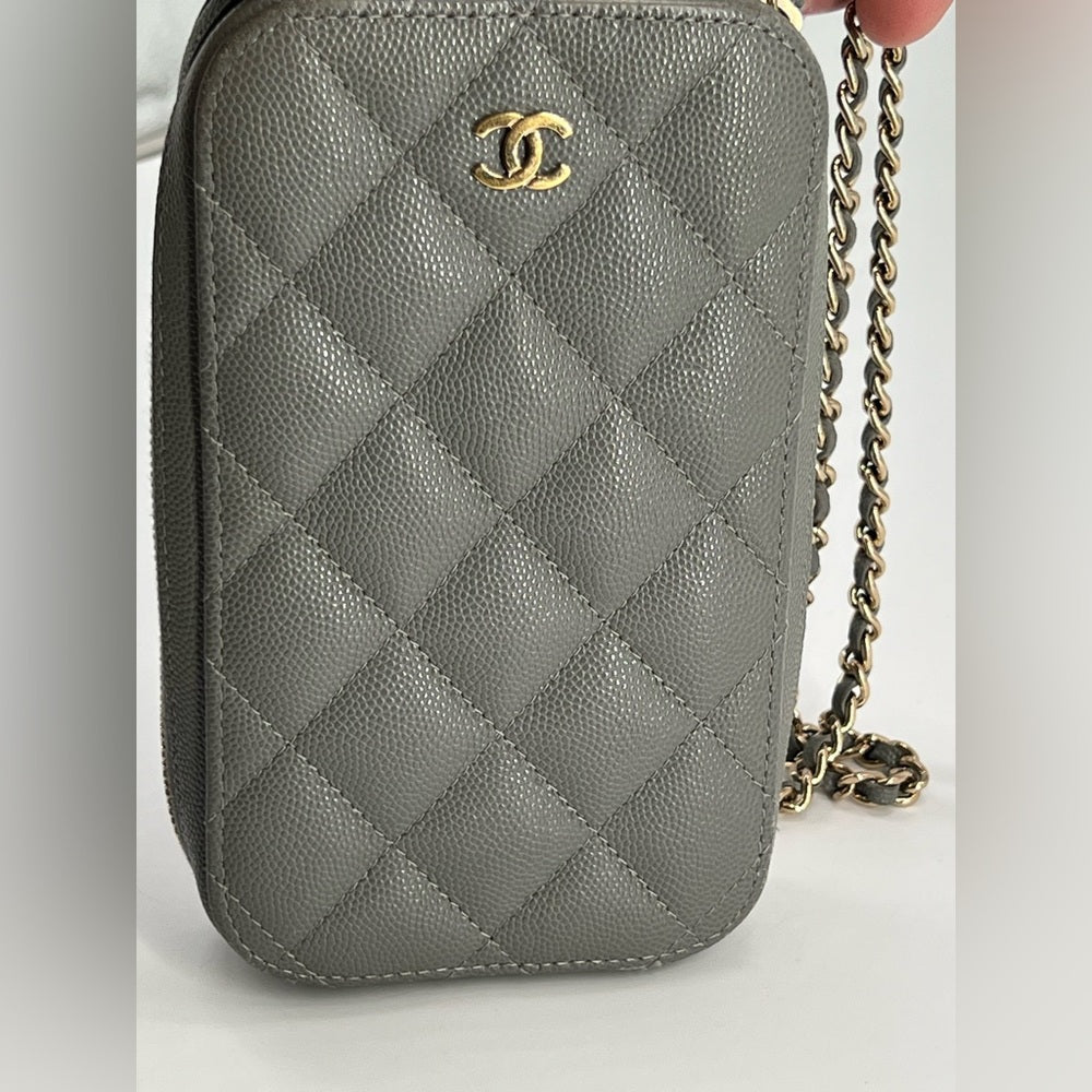 CHANEL Phone Holder Quilted Gray Leather Crossbody Chain Bag