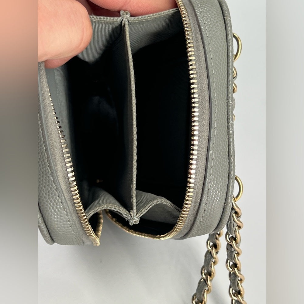 CHANEL Phone Holder Quilted Gray Leather Crossbody Chain Bag