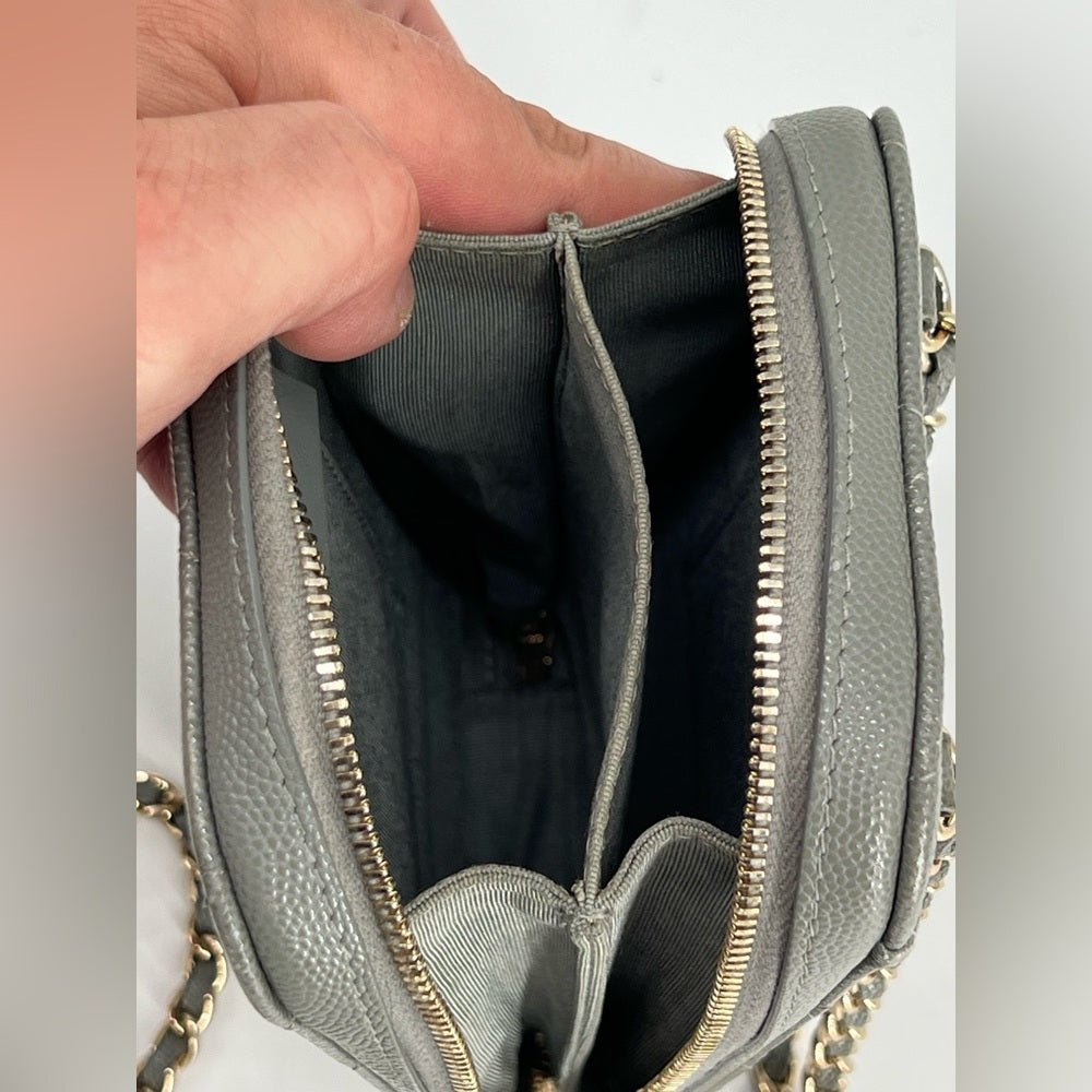 CHANEL Phone Holder Quilted Gray Leather Crossbody Chain Bag