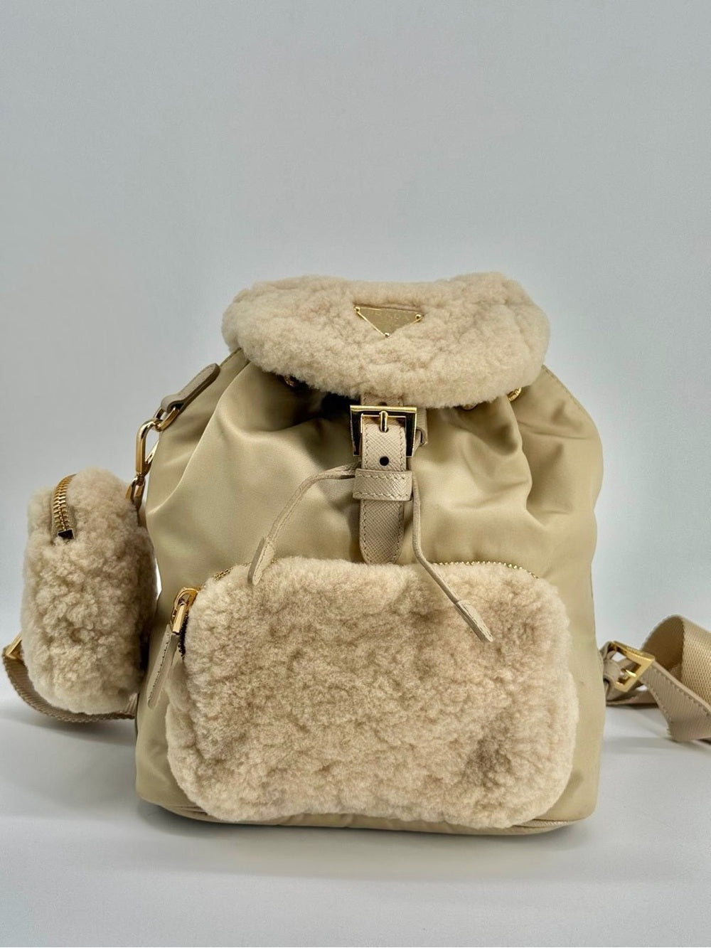 Prada Re-Nylon Shearling Backpack Beige With Pouch