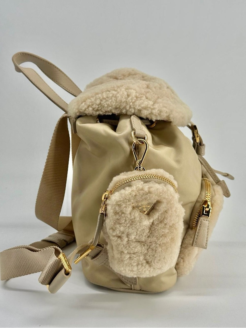 Prada Re-Nylon Shearling Backpack Beige With Pouch