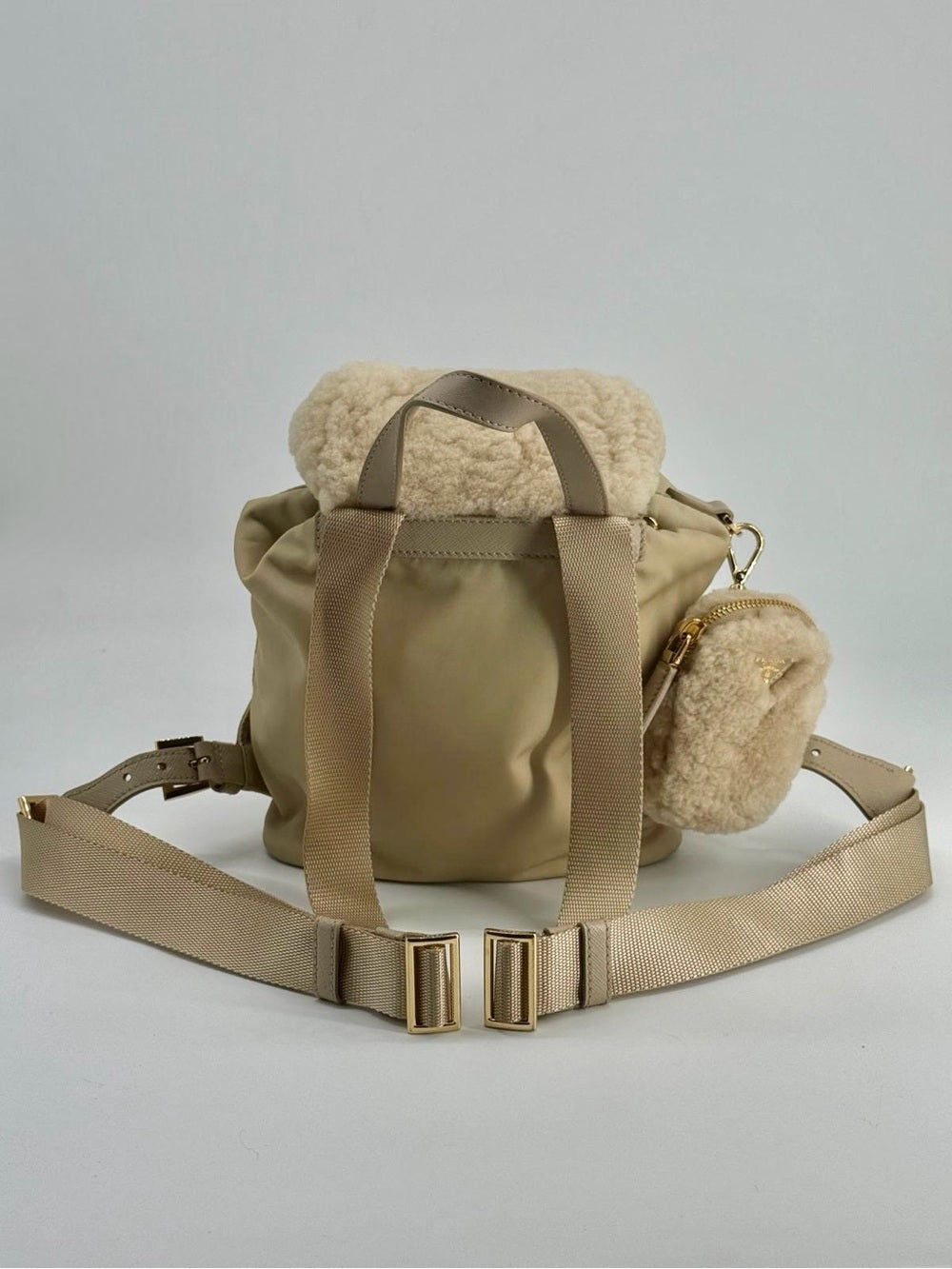 Prada Re-Nylon Shearling Backpack Beige With Pouch