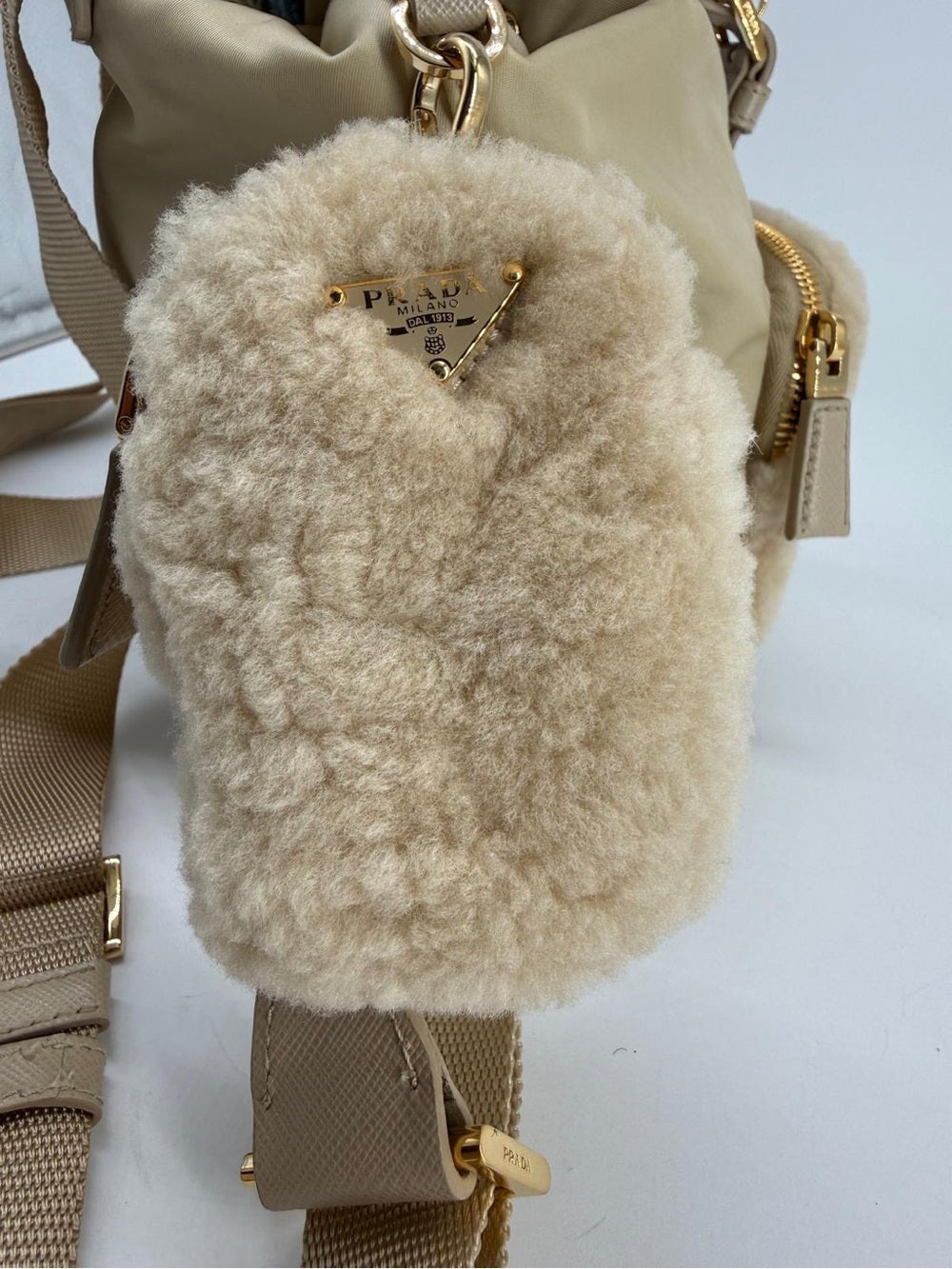 Prada Re-Nylon Shearling Backpack Beige With Pouch