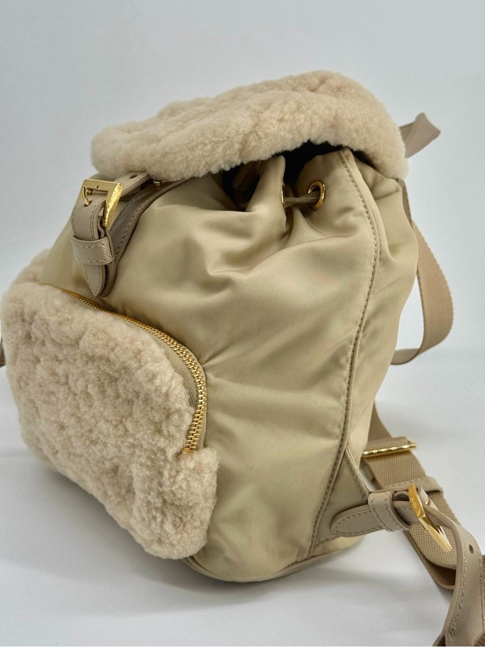 Prada Re-Nylon Shearling Backpack Beige With Pouch