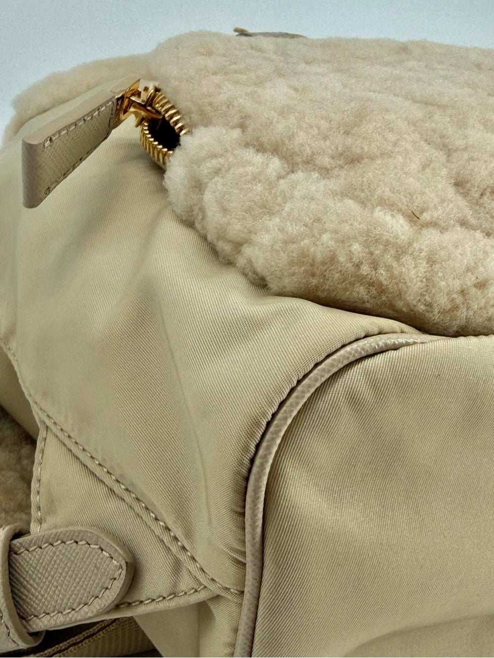 Prada Re-Nylon Shearling Backpack Beige With Pouch