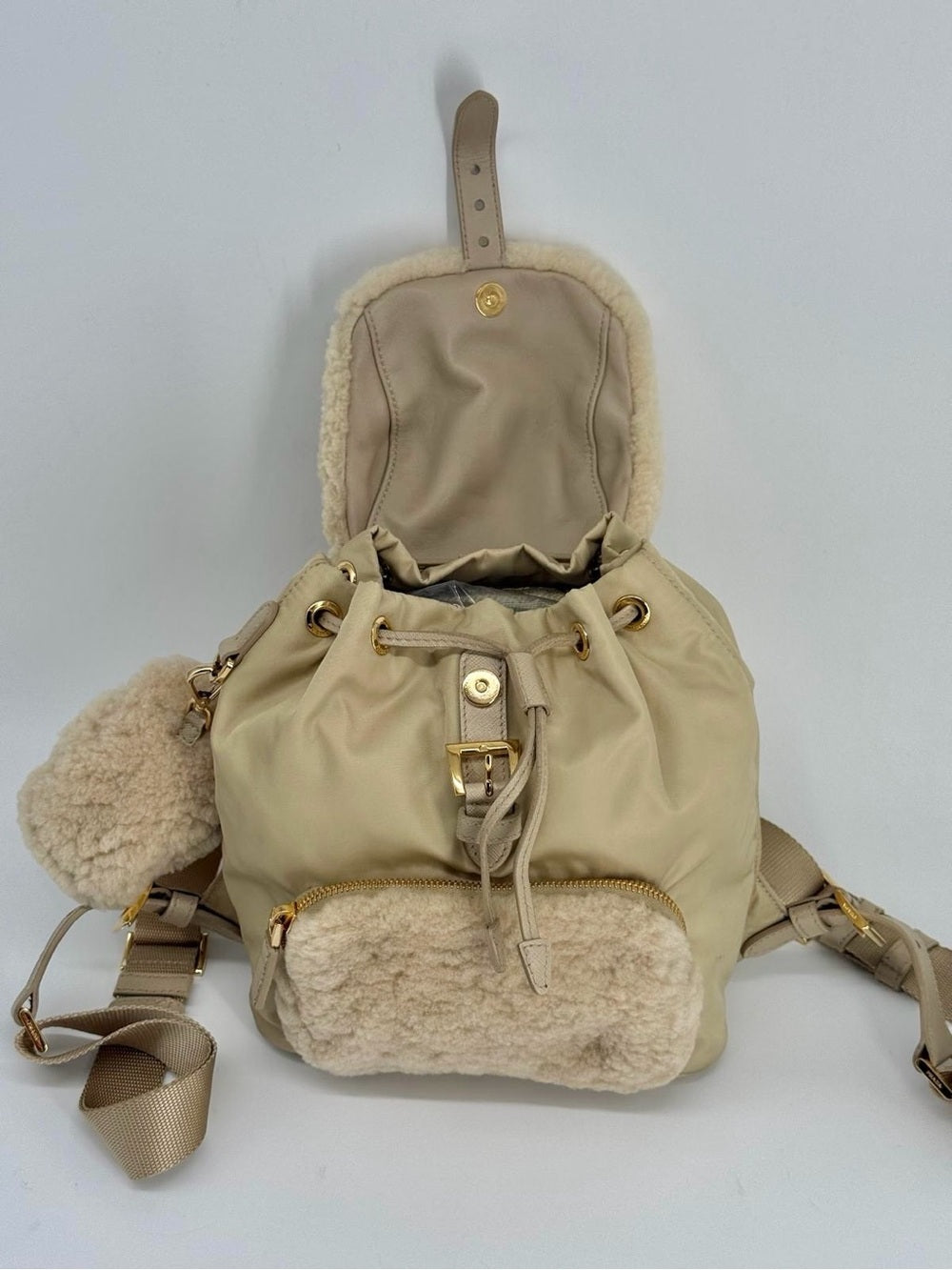 Prada Re-Nylon Shearling Backpack Beige With Pouch
