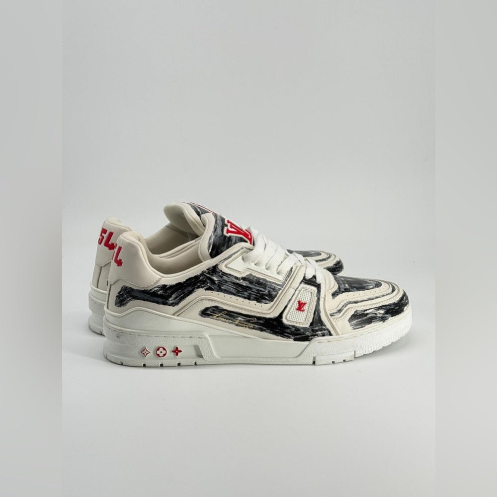 Louis Vuitton Trainer White Black Red Leather Men's Sneakers