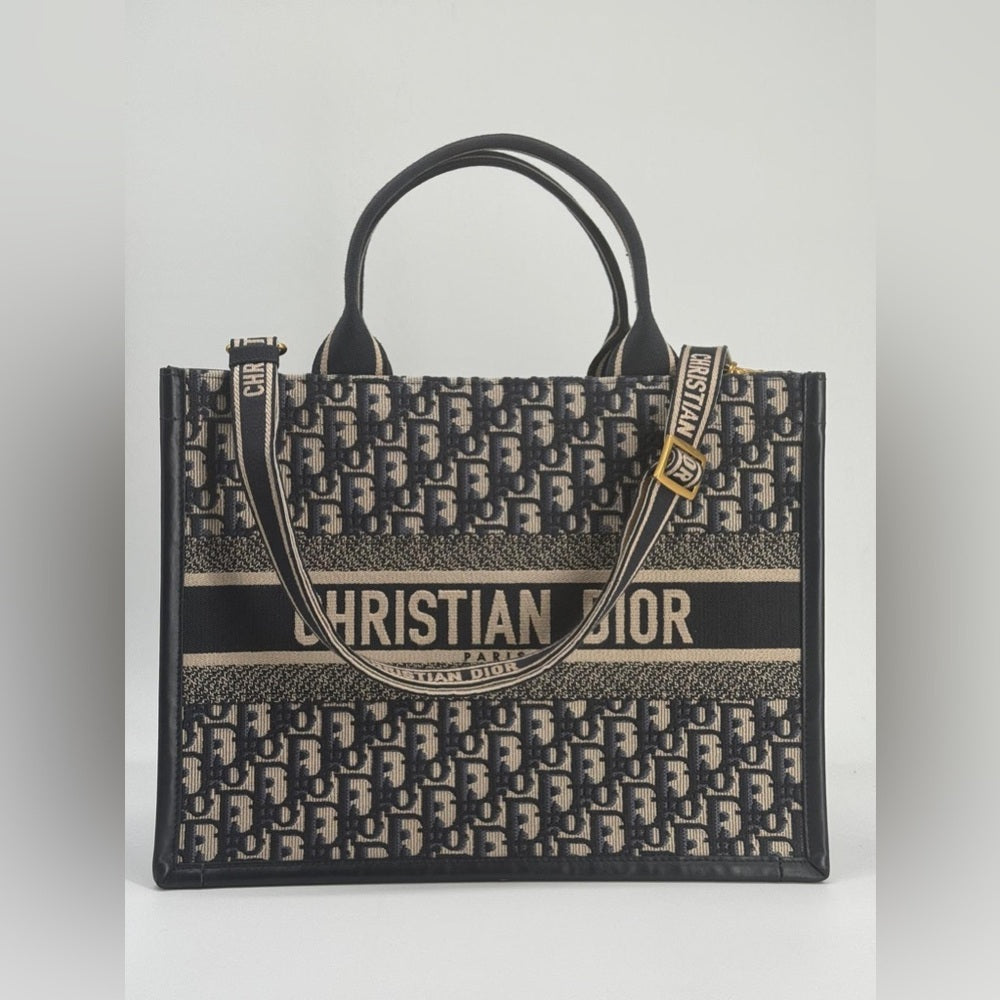 Dior Medium Book Tote Blue Dior Oblique Embroidery and Calfskin Handbag