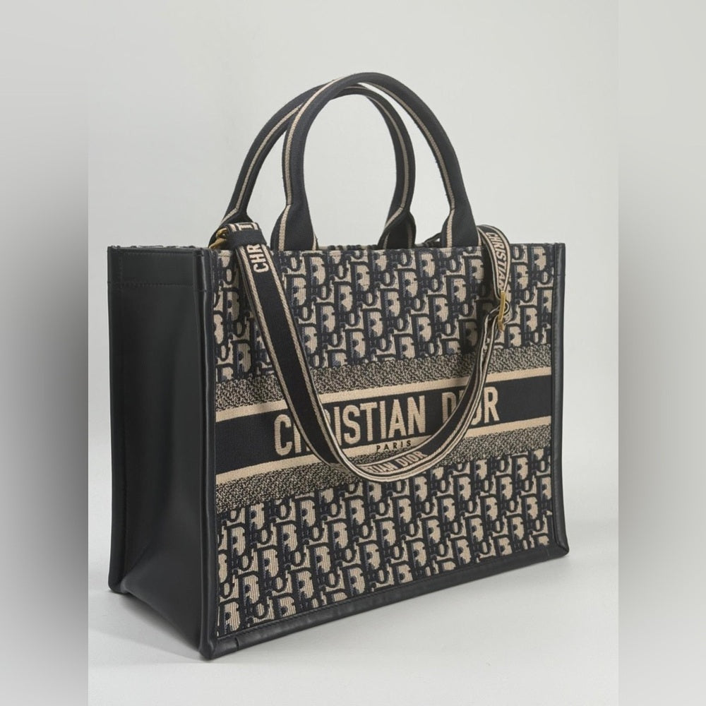 Dior Medium Book Tote Blue Dior Oblique Embroidery and Calfskin Handbag