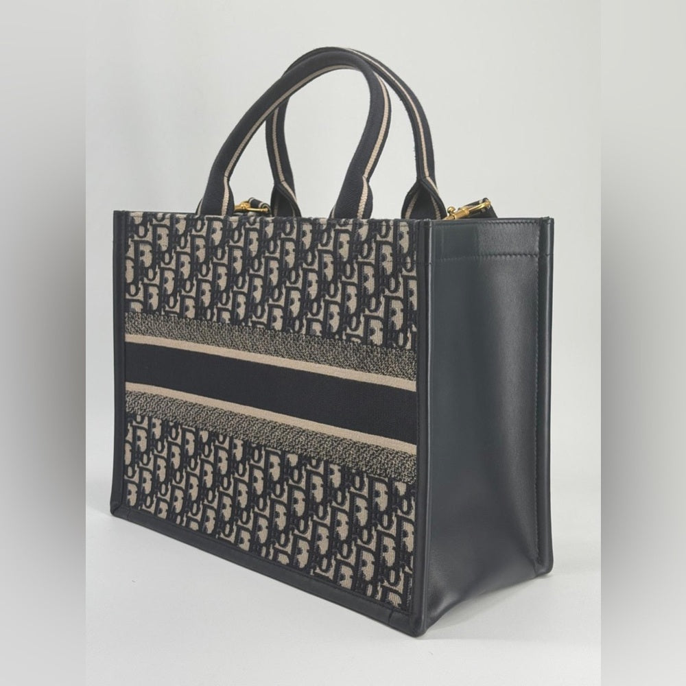 Dior Medium Book Tote Blue Dior Oblique Embroidery and Calfskin Handbag