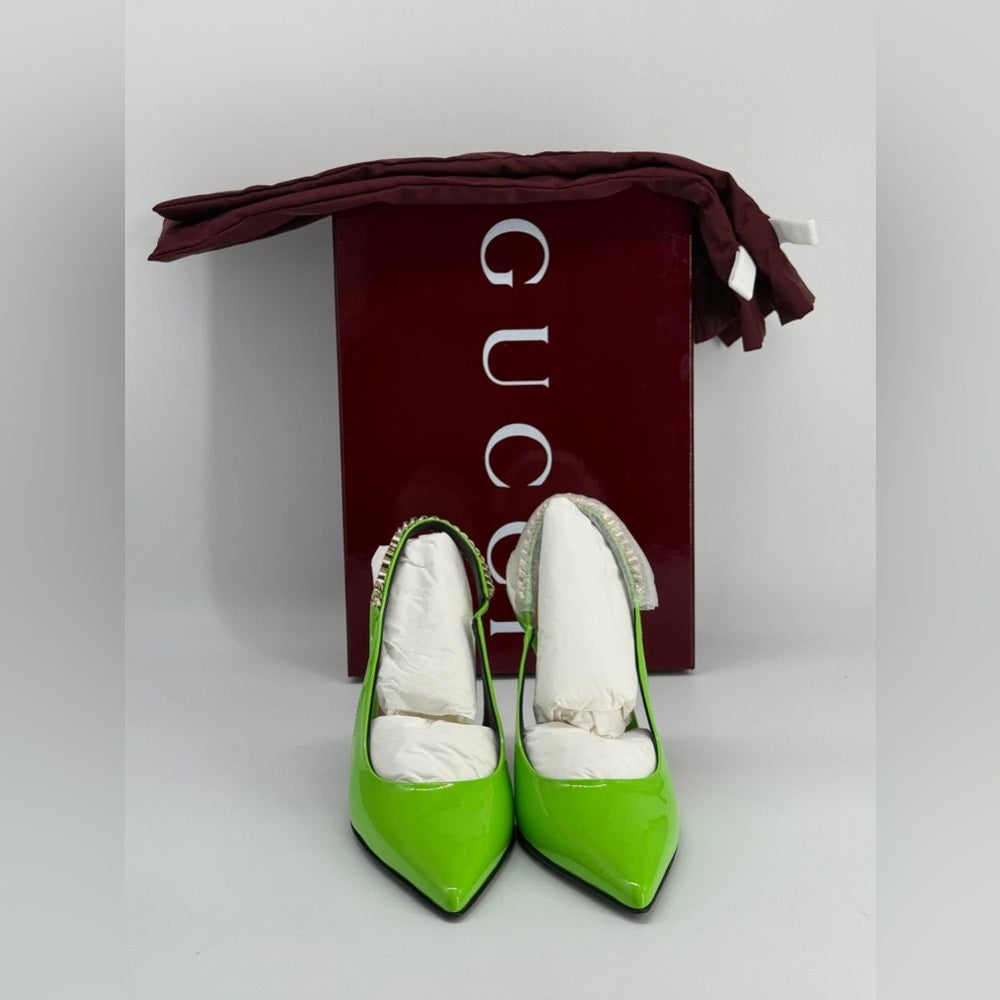 Gucci Signoria Slingback Pumps Green Leather Size 35 1/2