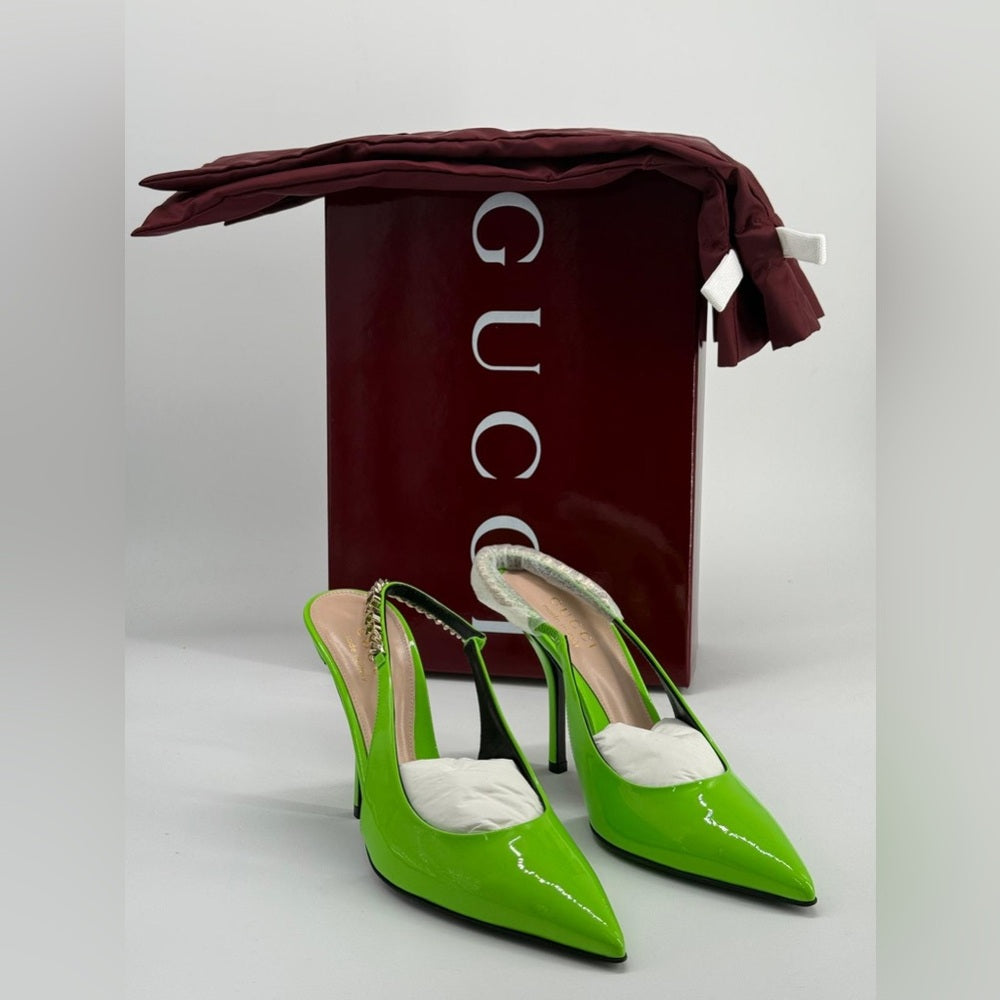 Gucci Signoria Slingback Pumps Green Leather Size 35 1/2