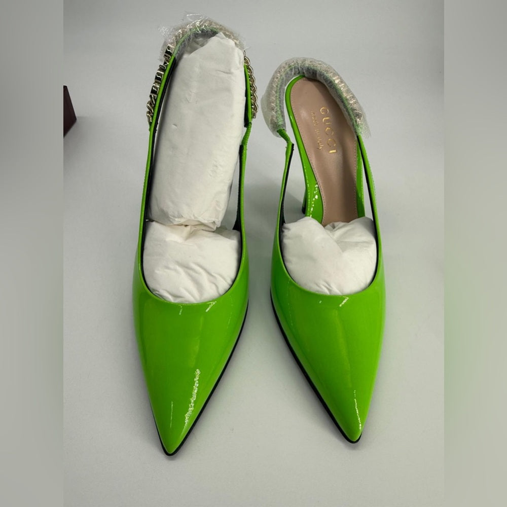 Gucci Signoria Slingback Pumps Green Leather Size 35 1/2