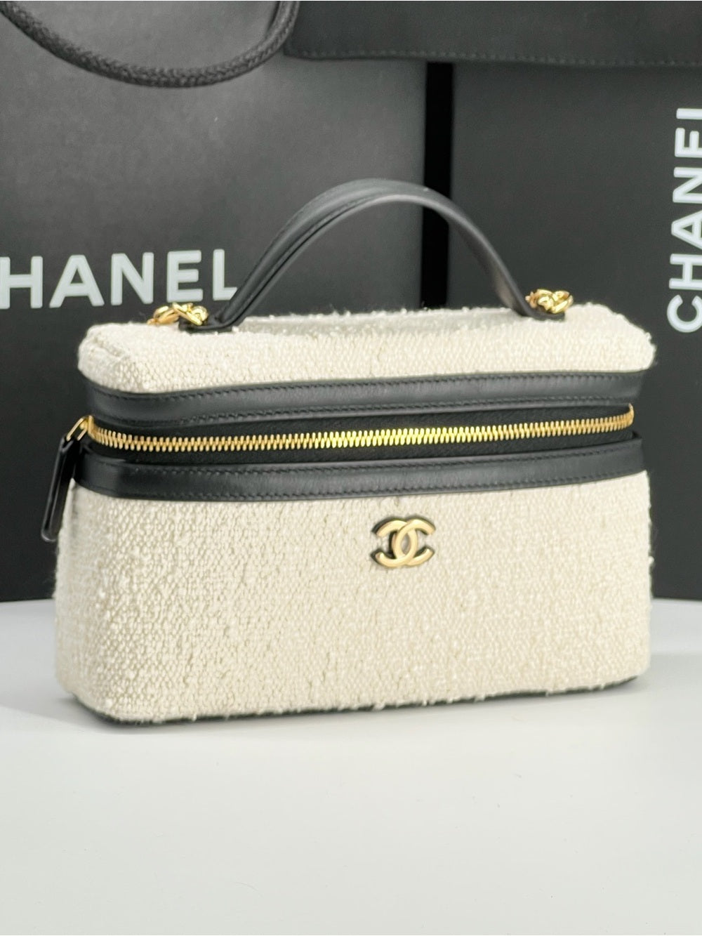 Chanel Coco Beach Top Handle Long Vanity Case in Ecru Tweed and Black Calfskin