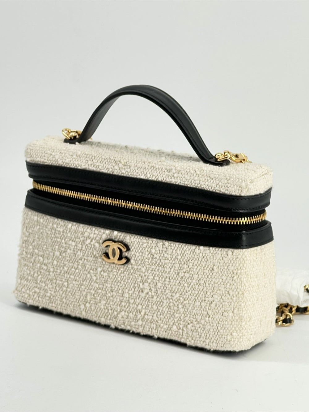 Chanel Coco Beach Top Handle Long Vanity Case in Ecru Tweed and Black Calfskin